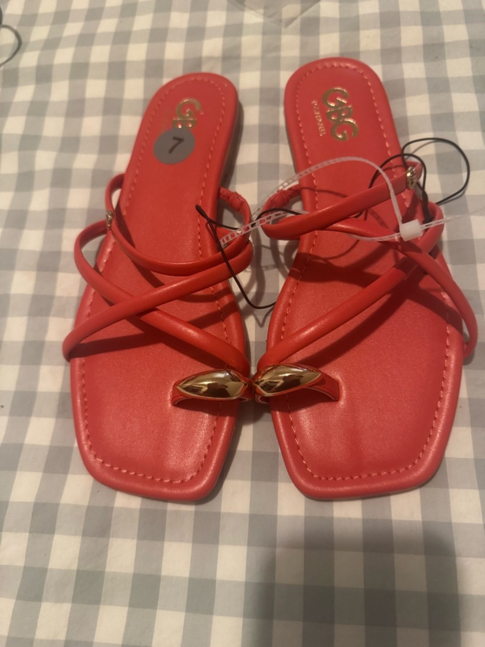 GBG Los Angeles Coral Red Strappy Sandals with Gold Accent